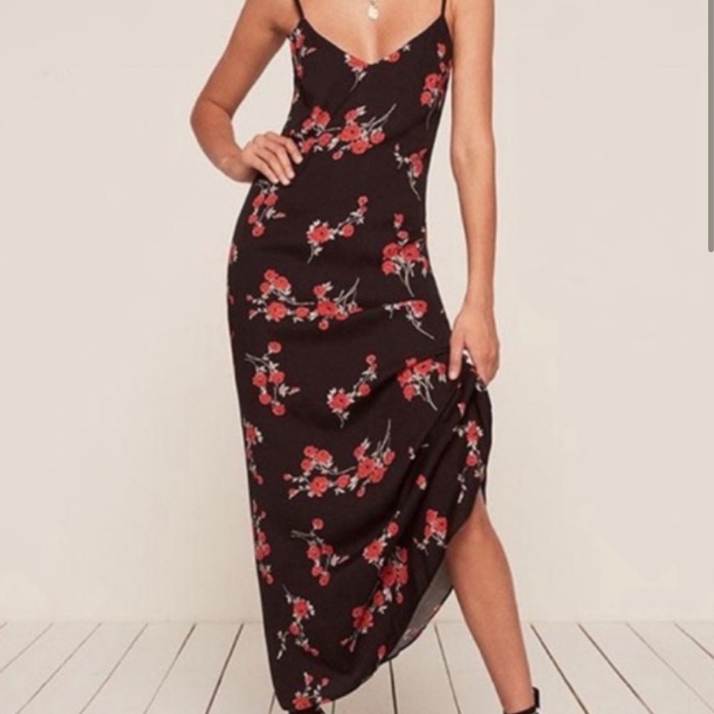 Reformation Black Rose Floral Backless Maxi Dress